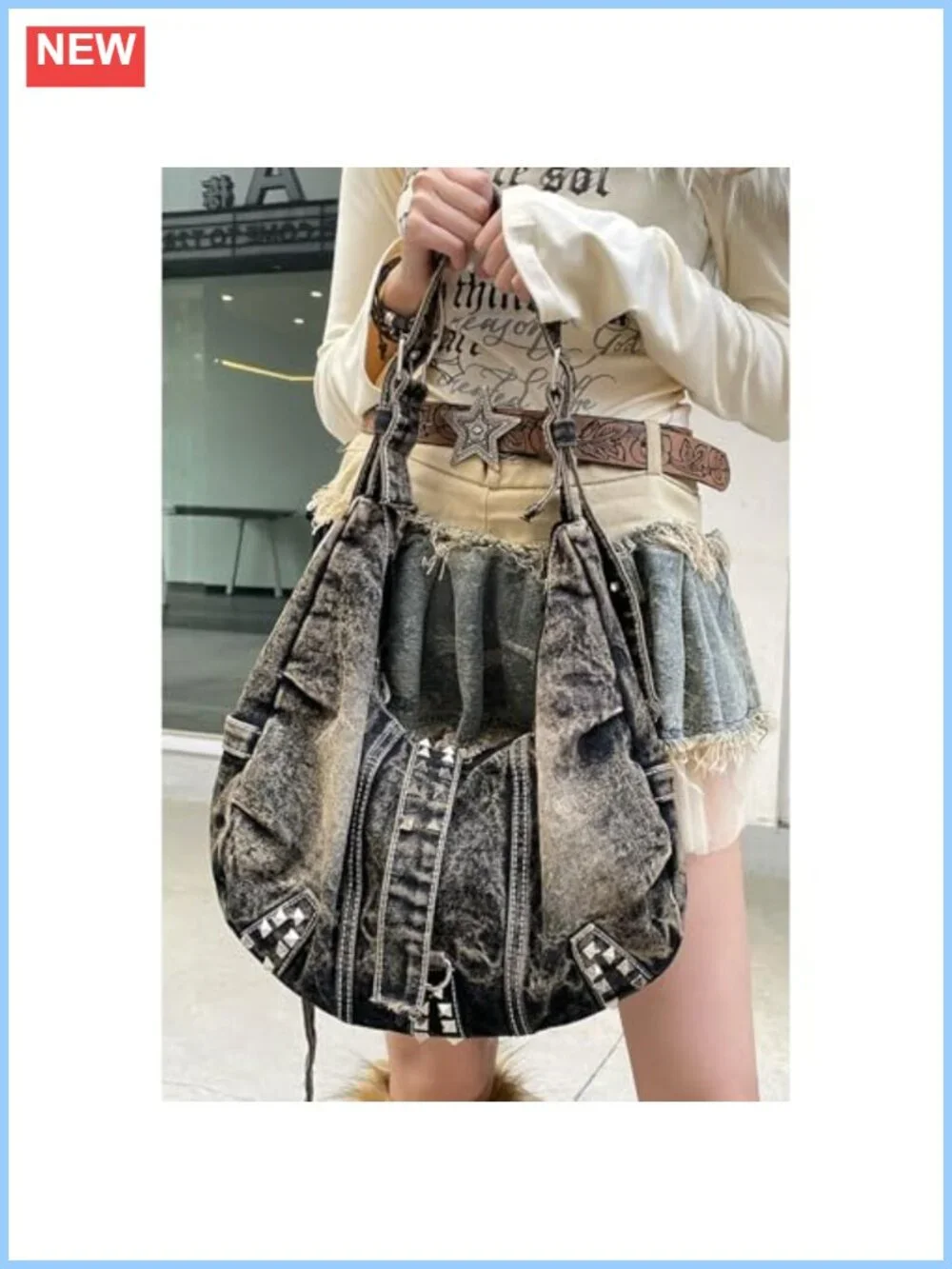 Denim Purse Soft Jean Handbag Crossbody Tote Hobo Shoulder Bag Y2K Zipper